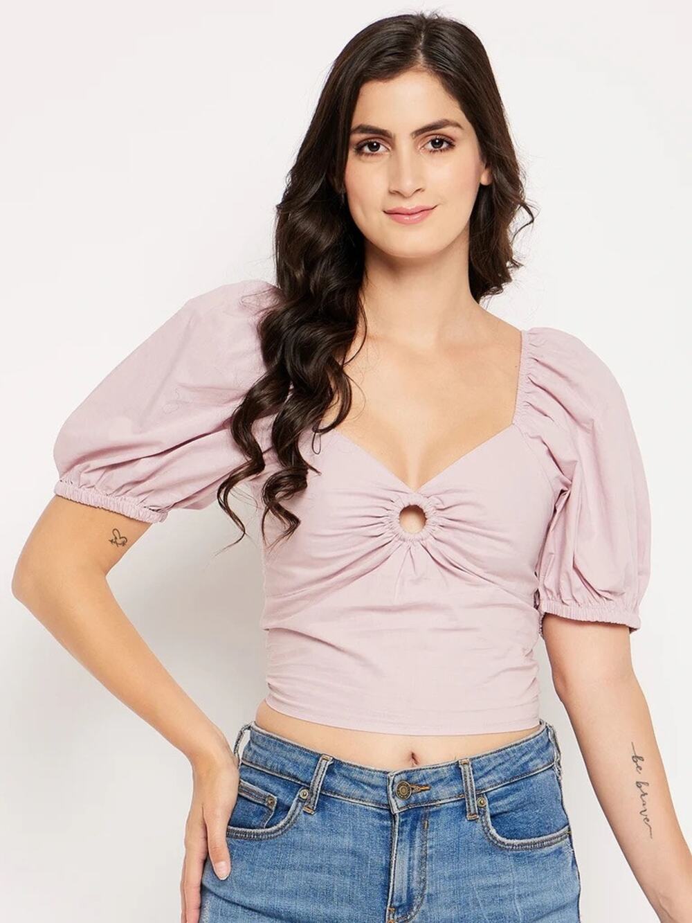 Sim & Sam Mauve Puff Sleeve Keyhole Crop Top Smocked Back Size Large